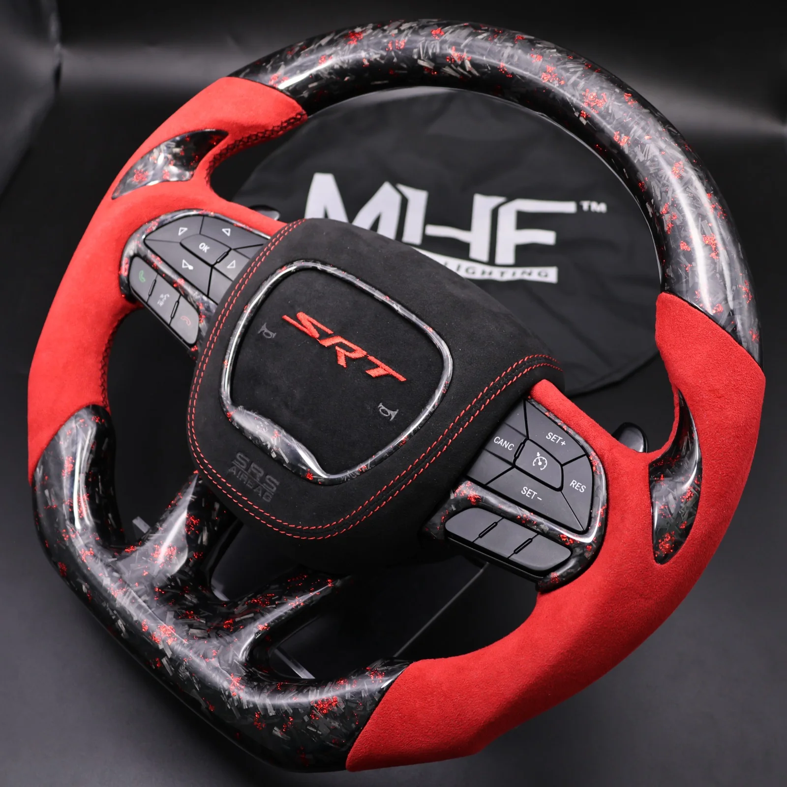 SRT forged carbon fiber steering wheel with red suede