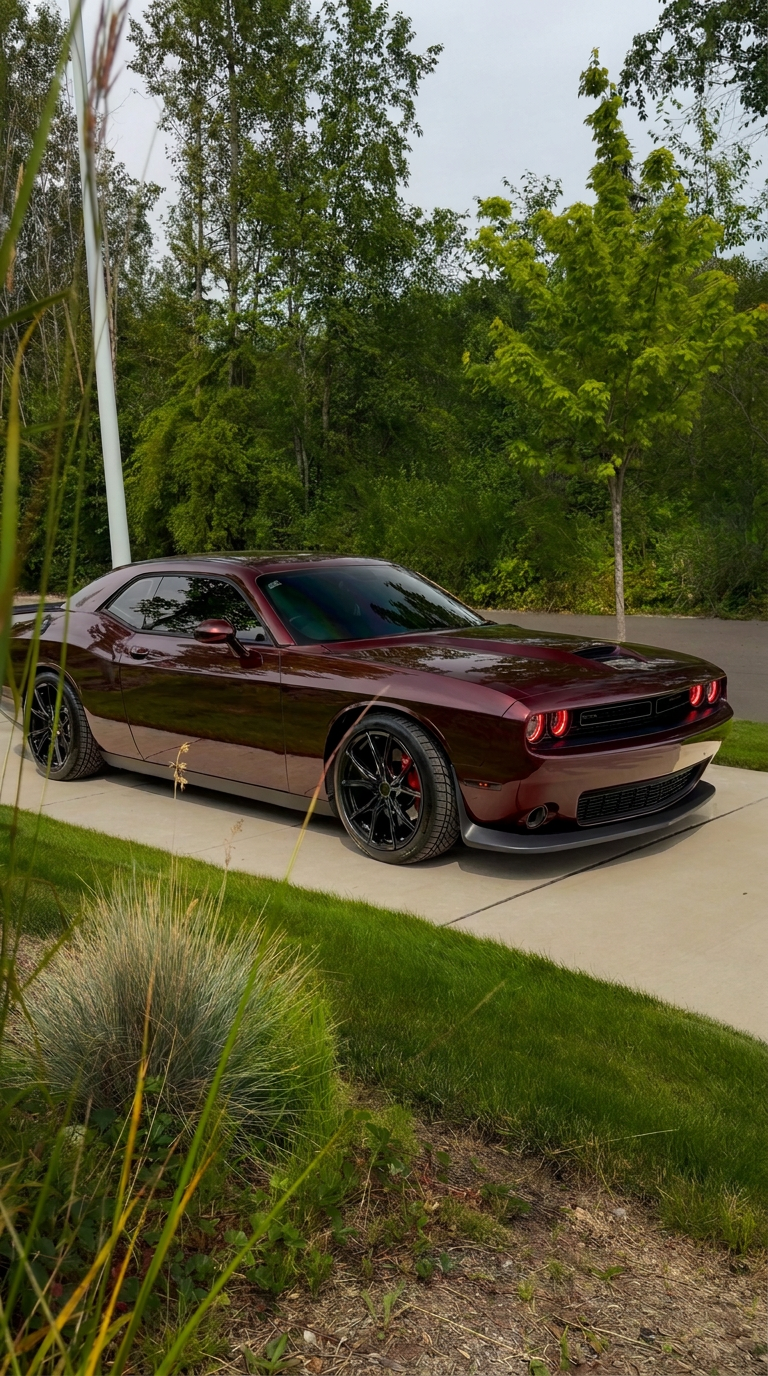 Burgundy Dodge Challenger wrapped by Primo Customs